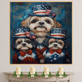 Shih Tzu Dog Family in Patriotic Outfits and American Flag Hats with Bows for Fourth of July Celebration on Ready to Hang 1.5" Thick Canvas Wrap, Floating Framed Canvas, Flat Rolled Canvas